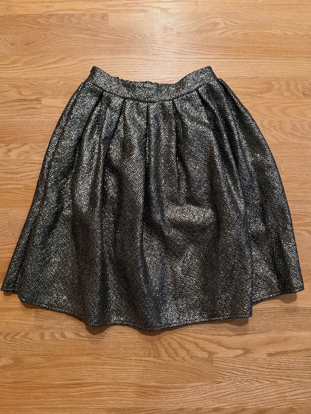 Metallic Gold Black Shimmer Pleated A-Line Midi Skirt Holiday Party Festive
